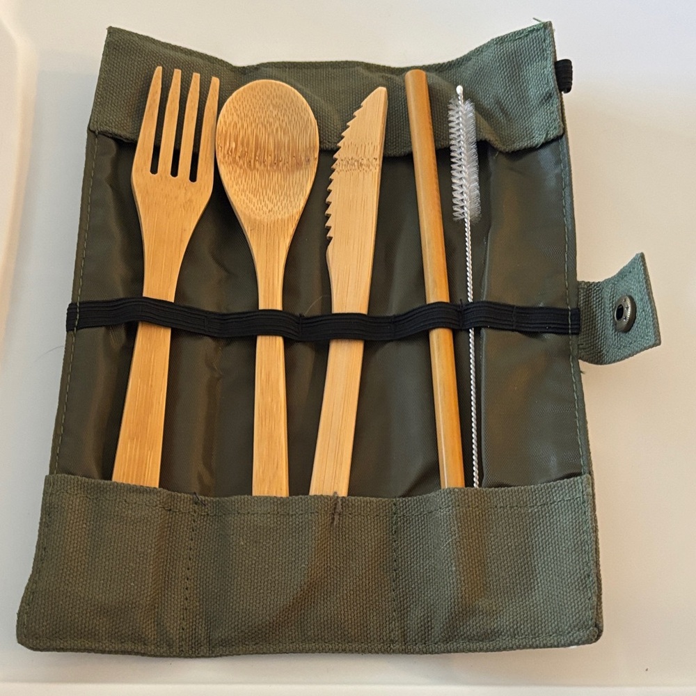 Eco-Friendly Bamboo Utensil Set with Green Pouch. Brand new.